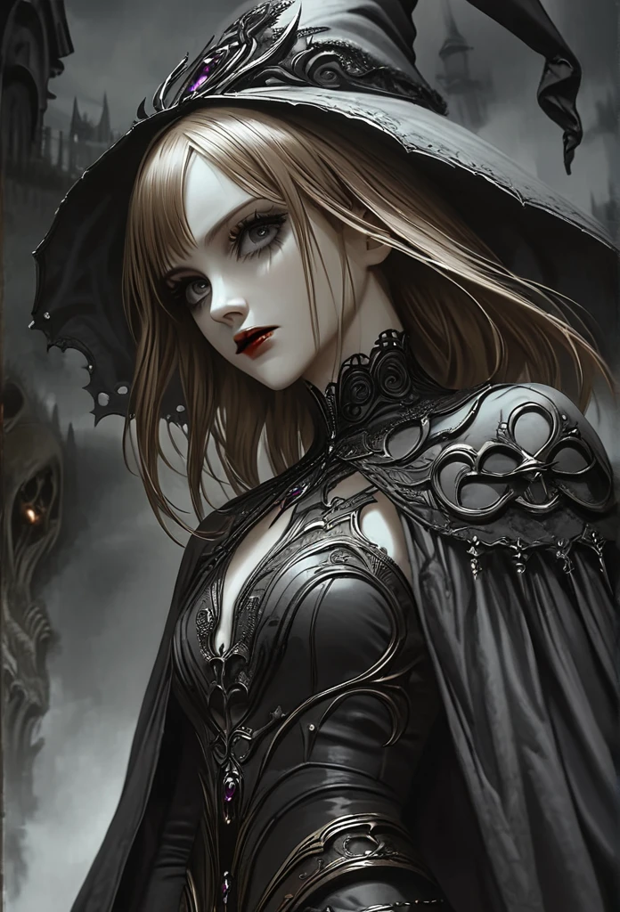 a beautiful witch, Emma Watson, detailed face, beautiful eyes, long eyelashes, detailed lips, intricate costume, dark fantasy, gloomy atmosphere, horror, gothic, moody lighting, dark colors, cinematic, highly detailed, 8k, photorealistic