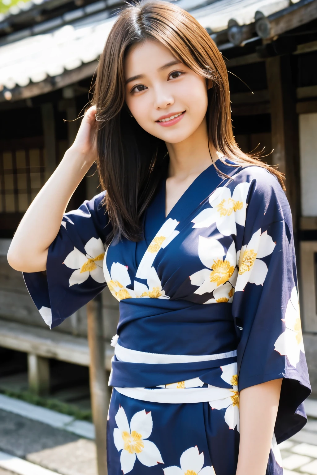 Highest quality、超A high resolution、(Photorealistic:1.5)、1 girl、(Brown Hair:1.2)、(Big Breasts:1.2)、Whole Body Ezbian、smile、Bad Eyes、(Girl in yukata with hair swaying in the wind :1.3)、Perfect dynamic composition, Beautiful attention to detail, Medium Hair, Natural color lip, smile, Kyoto Street Walk、20-year-old girl, Beautiful woman, Japanese patterned yukata