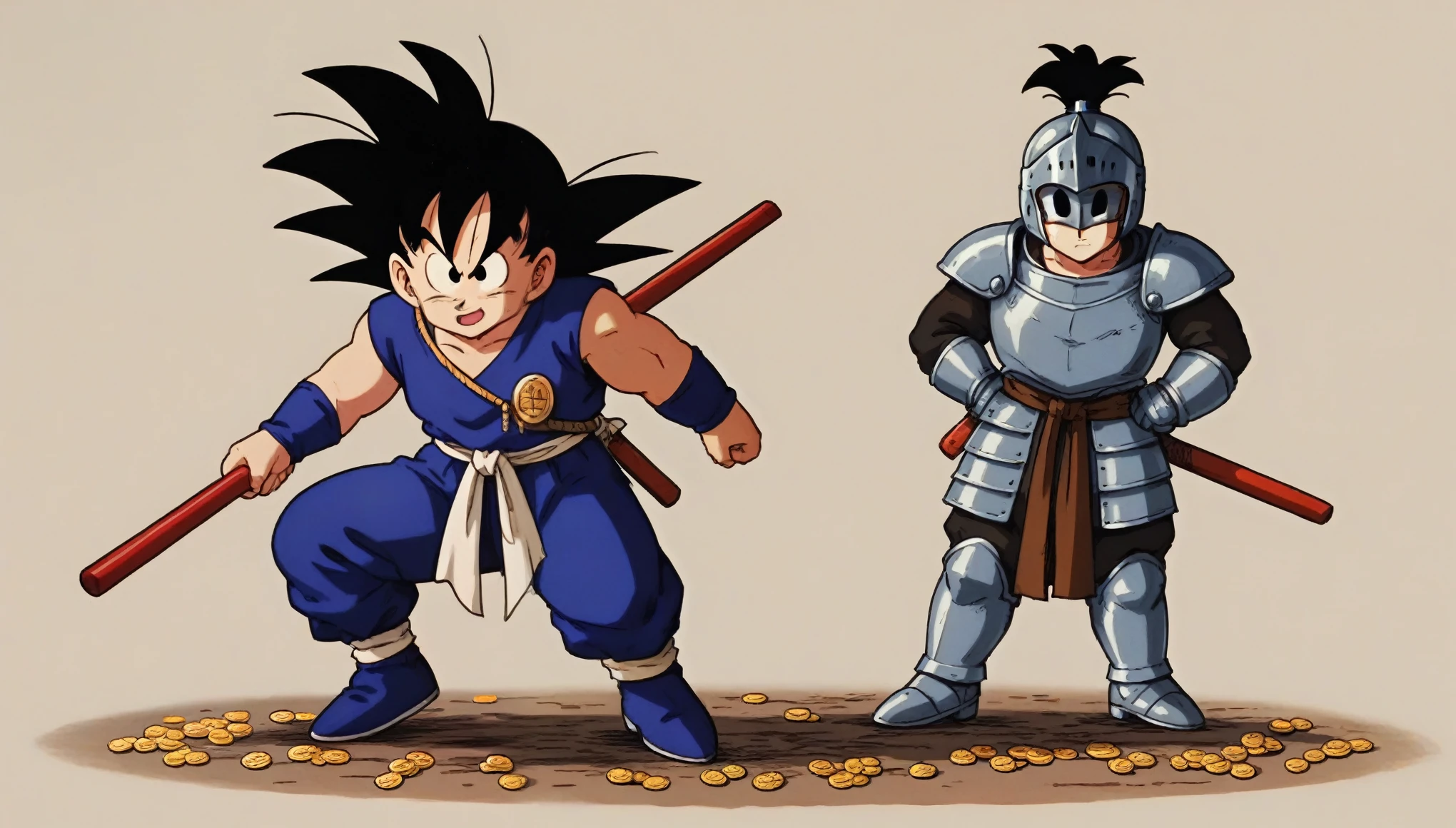 Son Goku, Old age, Black Hair, Iris, Spiked Hair, Western armor, Wear armor, Knight,　knight,  Gold coins,