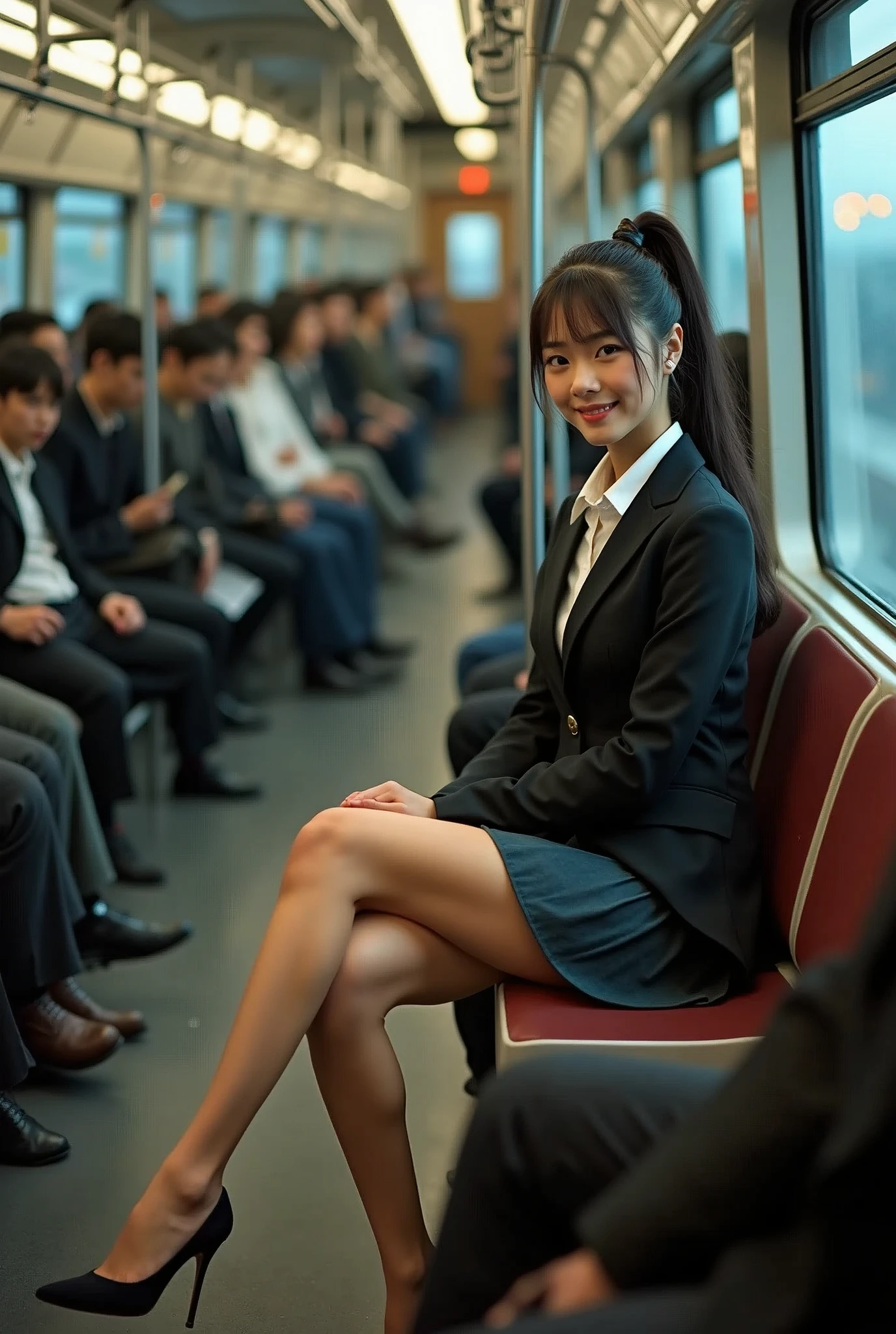Actual photo、Highest im年 quality、Beautiful woman、Beautiful thighs、Beautiful Face、Uniform Ponytail、Yuriko Yoshitaka、Japanese women、pretty girl、skirt、Beautiful thighs、pumps、Inside a crowded train、Sit in your seat、Front seat、(Boys groping women's breasts:)、