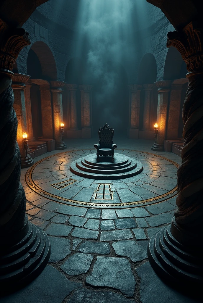 "A top-down view of a dark, circular boss chamber designed for use in a virtual tabletop (VTT) game. The arena features a worn stone floor with cracks and faintly glowing runes along the edges. Four twisted pillars are evenly spaced around the chamber, and dim torches line shadowy alcoves at the perimeter. The atmosphere is ominous, with the far end of the arena containing a large throne, ready for a final battle."