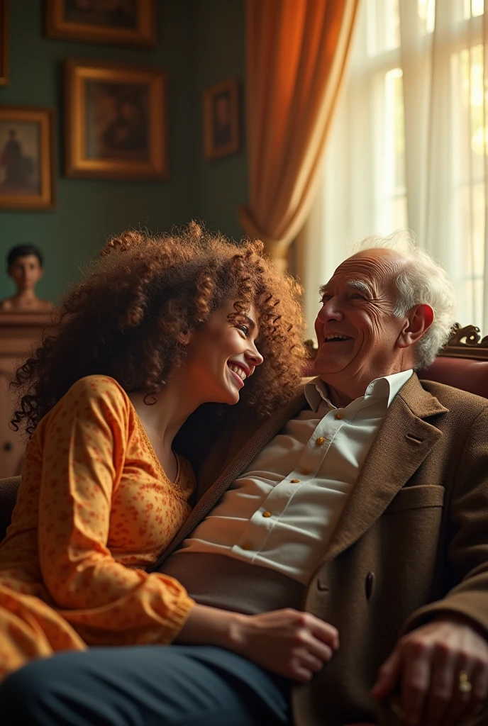 (photorealism:1.2), una sexy curly brown hair woman, lying on the lap of a 90-year-old man, He spanks her 