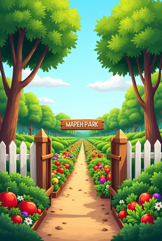 “a slightly top view of vegetable garden,” “with gate that says MAPEH PARK”, “fences around the garden,” “trees at the back of the garden.” “???’s illustration”