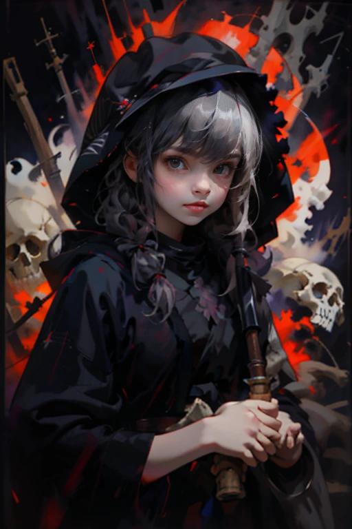 Высокое quality, 8K,masterpiece,illustration (Watercolor+Watercolor) Japanese-style, we use three colors(monochrome). One,1 woman\(grim Reaper,Cute,kawaii,Age 10 years,Hair color: white,to braid hair,dirty hair,dark eye color,big eyes,White skin,big smile,enjoy,whole body,wearing the black robe of the Grim Reaper,(BLACK HOOD),HOLDING THE BRAID,MISS,Flower hair decoration,White hair,(Case transparent:0.8),dynamic pose\),Background\((Black Sky:1.5),(skull:1.3),(withered flowers all over the land),(Red water)\), BREAK ,quality\(8K,wallpaper with extremely detailed computer graphics, masterpiece,a high resolution,top-quality,top-quality real texture skin,Hyperrealistic,increase resolution,RAW-фотографии,лучшее quality,very detailed,wallpaper\)
