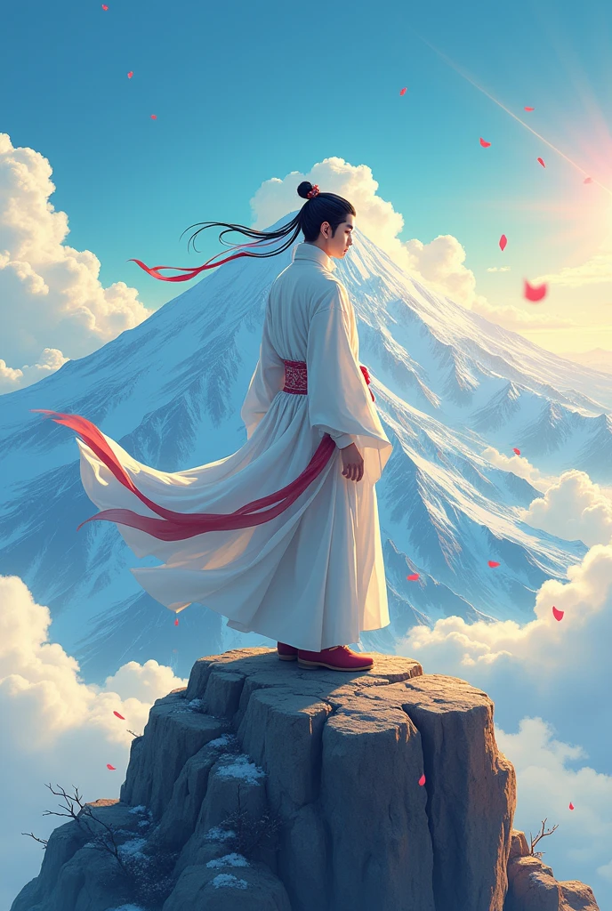 Chinese man standing at the peak of the world,Anime style