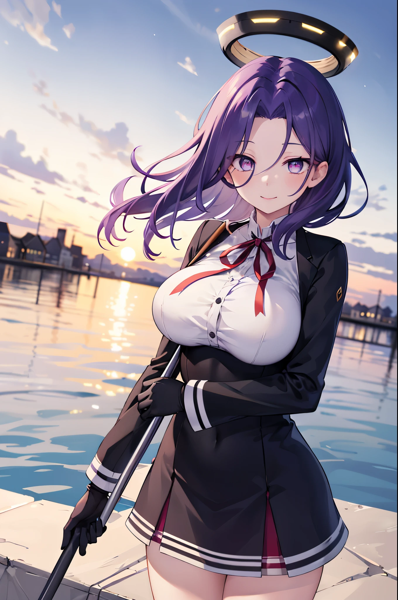 masterpiece, best quality, highres, mechanical halo, (big_breasts:1.2), black dress, neck ribbon, long sleeves, black gloves, outdoors, cowboy shot, standing, holding weapon, polearm,smile,,harbor_town_landscape,purple_halfeyes,(scornful eyes:1.4)