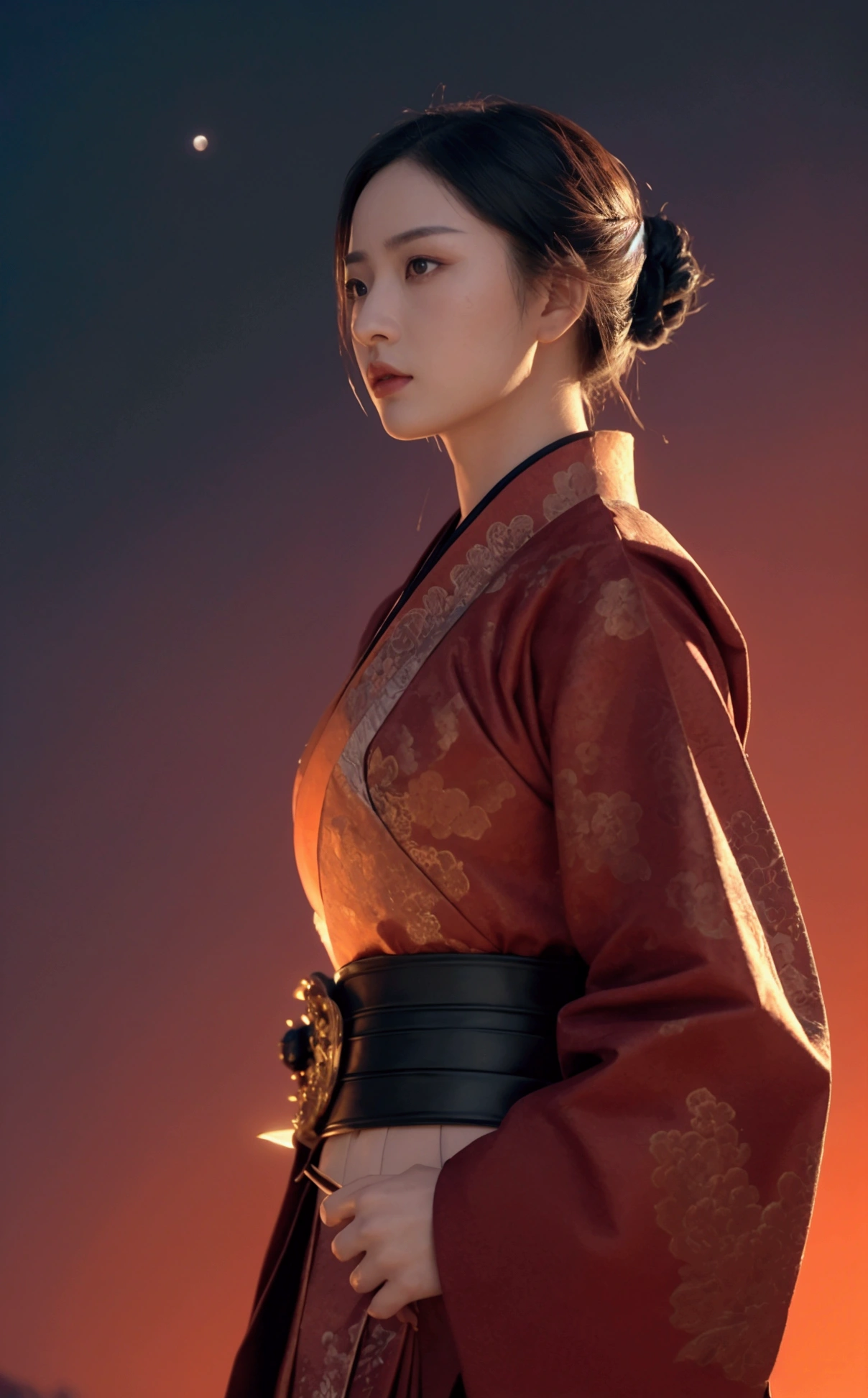 The picture shows a beautiful woman.,White skin,Sexy lips,Dressed in red and silver samurai attire, Standing against the backdrop of a massive red moon,The sky is awash in deep red hues reflecting the moonlight.The woman is situated on the left side of the frame, Face to the right,tilt head slightly upward. It was dressed in an elaborate costume resembling that of a traditional samurai., Featuring intricate designs and patterns. Adorned with silver accents, Increase visual depth. Her eyes are focused on something in the distance. There is a sword on his back, Suggesting a battle-ready or ceremonial stance. The red moon in the background casts an orange tone over the entire scene, Creating a dramatic and tense atmosphere, Retina, precise, masterpiece, Super Detail, High Detail, best quality, The award-winning, high resolution, HD, 4K, 8K, 16K, Retina, precise, masterpiece, Anatomically correct, Textured Skin, Super Detail, high quality, The award-winning, high resolution, 8K, 16K