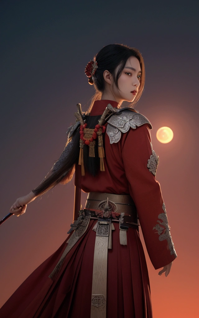 The picture shows a beautiful woman.,White skin,Sexy lips,Dressed in red and silver samurai attire, Standing against the backdrop of a massive red moon,The sky is awash in deep red hues reflecting the moonlight.The woman is situated on the left side of the frame, Face to the right,tilt head slightly upward. It was dressed in an elaborate costume resembling that of a traditional samurai., Featuring intricate designs and patterns. Adorned with silver accents, Increase visual depth. Her eyes are focused on something in the distance. There is a sword on his back, Suggesting a battle-ready or ceremonial stance. The red moon in the background casts an orange tone over the entire scene, Creating a dramatic and tense atmosphere, Retina, precise, masterpiece, Super Detail, High Detail, best quality, The award-winning, high resolution, HD, 4K, 8K, 16K, Retina, precise, masterpiece, Anatomically correct, Textured Skin, Super Detail, high quality, The award-winning, high resolution, 8K, 16K