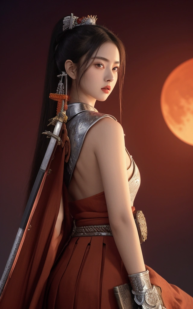 The picture shows a beautiful woman.,White skin,Sexy lips,Dressed in red and silver samurai attire, Standing against the backdrop of a massive red moon,The sky is awash in deep red hues reflecting the moonlight.The woman is situated on the left side of the frame, Face to the right,tilt head slightly upward. It was dressed in an elaborate costume resembling that of a traditional samurai., Featuring intricate designs and patterns. Adorned with silver accents, Increase visual depth. Her eyes are focused on something in the distance. There is a sword on his back, Suggesting a battle-ready or ceremonial stance. The red moon in the background casts an orange tone over the entire scene, Creating a dramatic and tense atmosphere, Retina, precise, masterpiece, Super Detail, High Detail, best quality, The award-winning, high resolution, HD, 4K, 8K, 16K, Retina, precise, masterpiece, Anatomically correct, Textured Skin, Super Detail, high quality, The award-winning, high resolution, 8K, 16K
