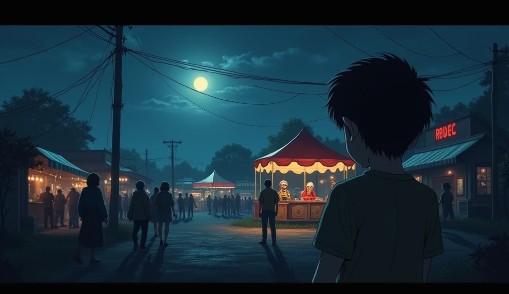 As night falls, the festival takes a dark turn
Strange noises and movements are heard and seen, causing the students to become frightened
Taro and his friends investigate the source of the disturbances, but find nothing
The creepy doll is shown again, this time with a faint, malevolent glow surrounding it
The students begin to suspect that something supernatural is at work