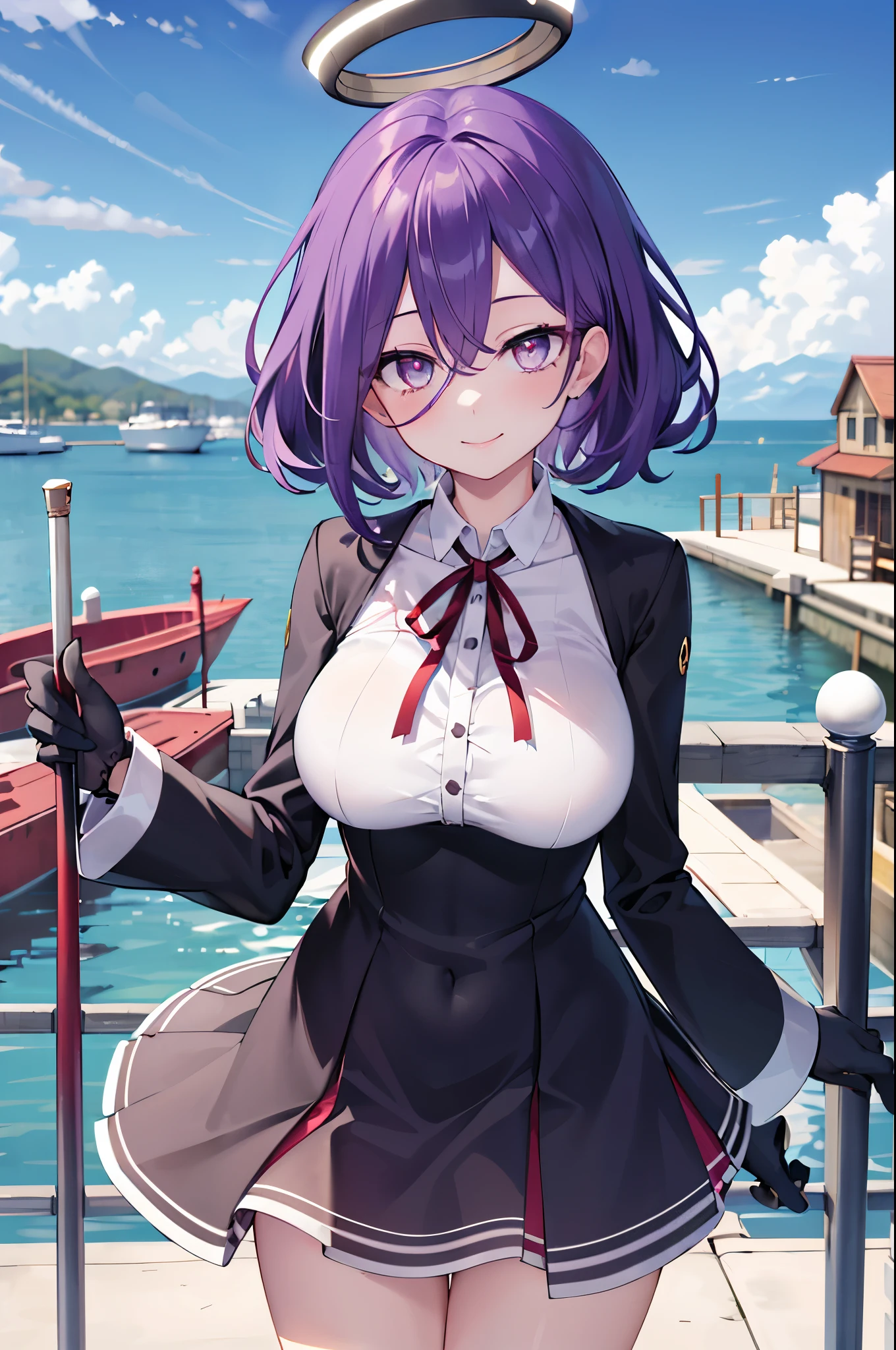 masterpiece, best quality, highres, mechanical halo, (big_breasts:1.2), black dress, neck ribbon, long sleeves, black gloves, outdoors, cowboy shot, standing, holding weapon, polearm,smile,,harbor_town_landscape,purple_halfeyes,(scornful eyes:1.4)