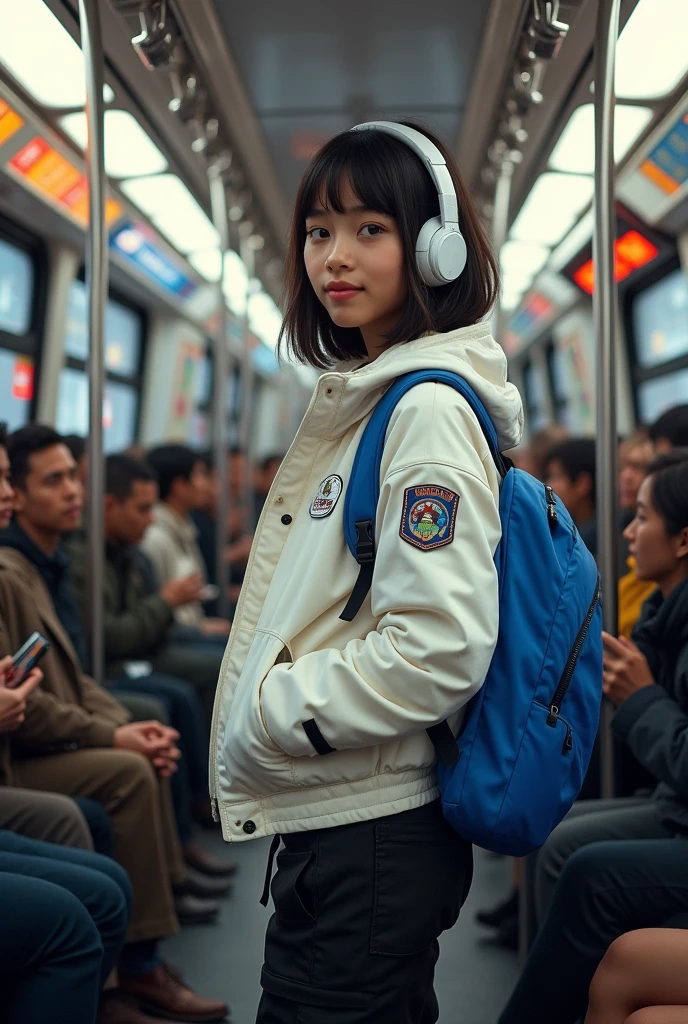 (photorealism:1.2), very beautiful young girl, shoulder haircut, wearing white space jackets and black cargo pants is standing inside the city bus, holdinge the belt, crowded people(man and women), white headphones and blue backpack, perfect lighting shot on her, sweet litle smile, concerta, newyork city streets so many billboard and street mark, stop lights, cyberpunk(realism)