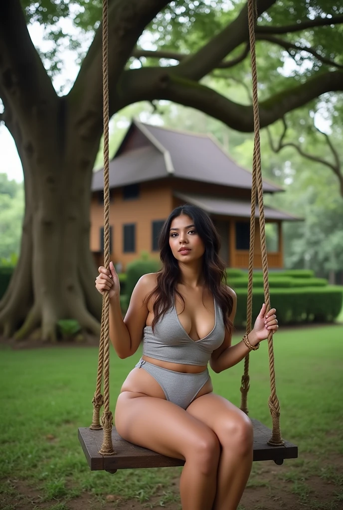 (hyperrealistic photo), exotic beautiful indonesian woman, plump, natural big breasts, mini tanktop, mini short jeans, sit on garden swing under banyan tree, seductive pose, sensual expression, looking at the viewer, natural light, wide angle full-body shot, indonesian village house in the background,