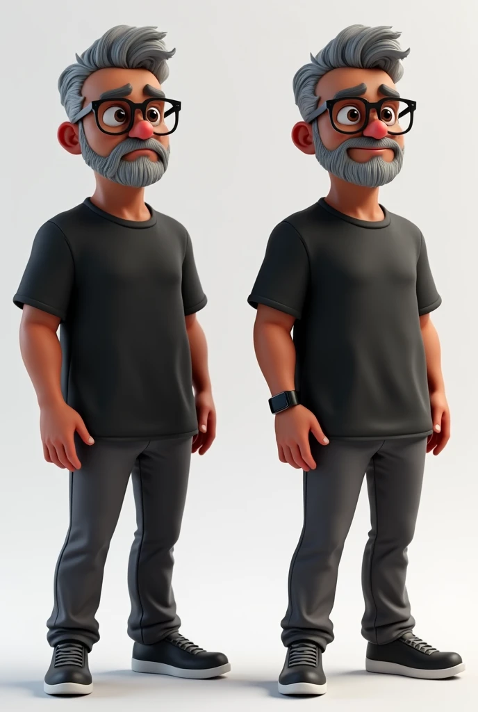 Create four full-body stylized 3D cartoon images of a middle-aged black man with a transparent background, suitable for use in a PowerPoint presentation. The character should be consistent in appearance across all images and rendered in a Pixar-like style using Arnold Maya or toon Keyshot render. The rendering must be of high quality, featuring cinematic lighting, sharp focus, detailed textures, detailed skin, a clay-like finish, and bokeh effects, all in 8K resolution.
The man has a broad build but without a belly or muscular physique. He wears modern black glasses and has very short gray hair, styled to the right on top and shaved on the sides. His skin tone is dark brown with a warm undertone, and he has two prominent vertical wrinkles on his forehead between his eyebrows.
His beard is trimmed and sparse, with more white hairs on the chin and the rest being dark gray. The man has hairy arms and does not wear any accessories or jewelry, except for a black smartwatch. He is dressed in an oversized black t-shirt and dark gray pants without a belt.
Each of the four images should feature the man with a different facial expression:
A friendly but neutral expression (not smiling).
A slight smile.
A thoughtful or pensive expression.
A surprised or curious expression.
Ensure that the character's appearance remains consistent across all images, with only the facial expressions changing.