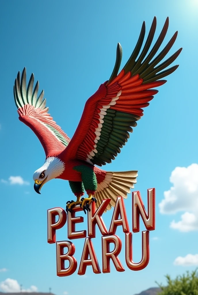 of an eagle colored like the Tunisian flag, He holds the name "PEKAN BARU" at his feet in a clear and beautiful three-dimensional font, soaring high, high definition, intricate details, high quality images, real