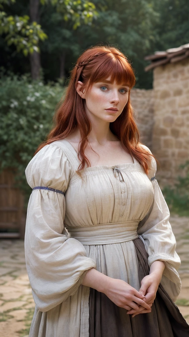 hyper photorealistic, ethereal beauty a cute peasant woman, face identical to Bryce Dallas Howard, small European village, (42 years), youthful, soft contoured, sweet sweet soft smile, (detailed face and eyeull body portrait,  (extremely sexy), Masterpiece, pleasure, massive breasts, Full figured woman, full body, expression enjoyment, idyllic aura, medieval environment, cinematic lighting, reddish smooth hair, blunt bangs, fine facial traits, Slim physique, (depth of field), ultra detailed, cinematic