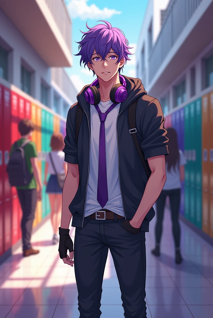 An anime guy in his mid-20s with purple eyes and curly purple hair, and he's wearing black jeans, boots, a white short-sleeved shirt, a purple tie and black fingerless gloves, He is wearing a black business vest, and on his neck hang purple headphones, and he's wearing a black sweatshirt that's unzipped , He's built like an athlete, slightly, The background is an anime school, specifically a school hallway.