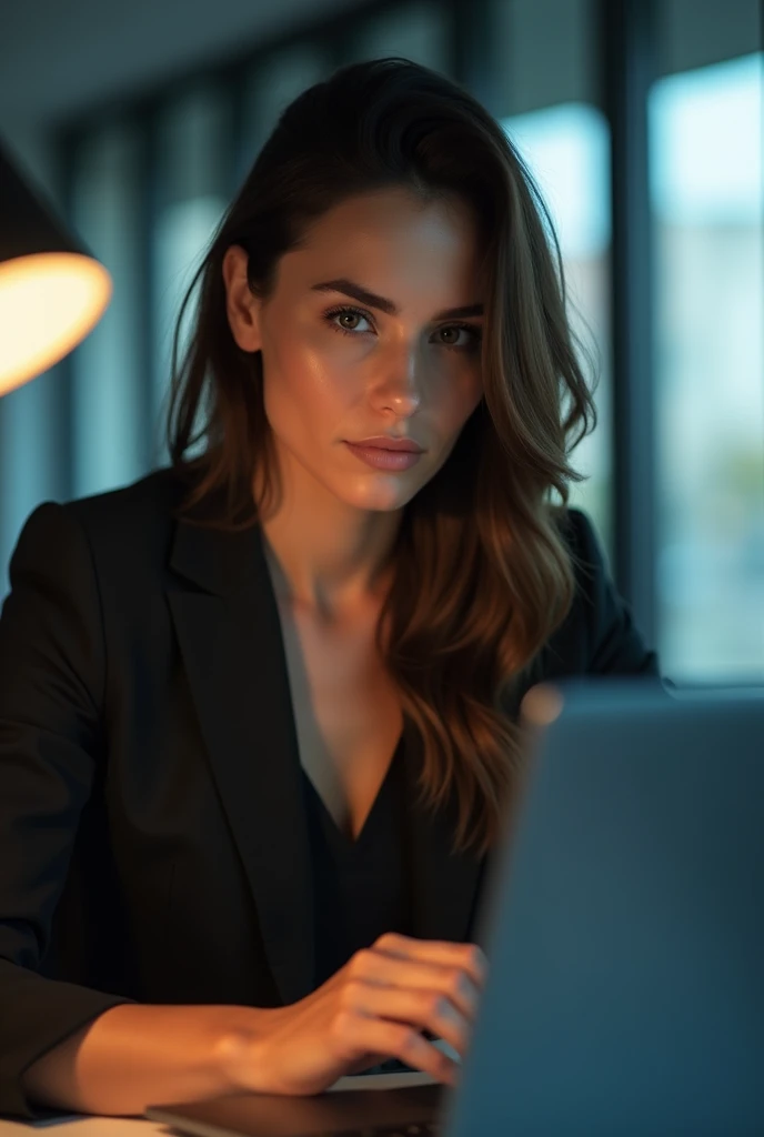 a CEO of a successful company working on a laptop, beautiful detailed eyes, beautiful detailed lips, extremely detailed eyes and face, long eyelashes, professional business attire, serious expression, cinematic lighting, high quality, realistic, photorealistic, 8k, best quality, masterpiece, ultra-detailed, physically-based rendering, sharp focus, vivid colors, corporate portrait, business theme