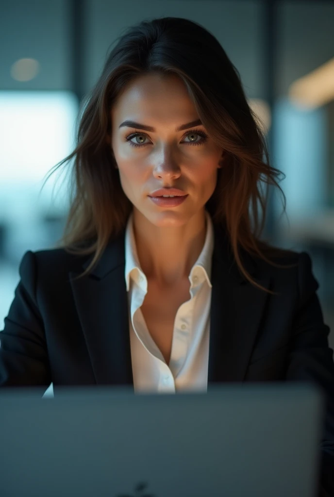 a CEO of a successful company working on a laptop, beautiful detailed eyes, beautiful detailed lips, extremely detailed eyes and face, long eyelashes, professional business attire, serious expression, cinematic lighting, high quality, realistic, photorealistic, 8k, best quality, masterpiece, ultra-detailed, physically-based rendering, sharp focus, vivid colors, corporate portrait, business theme
