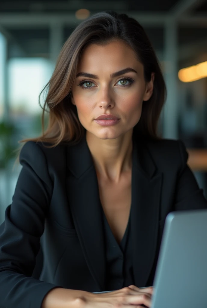 a CEO of a successful company working on a laptop, beautiful detailed eyes, beautiful detailed lips, extremely detailed eyes and face, long eyelashes, professional business attire, serious expression, cinematic lighting, high quality, realistic, photorealistic, 8k, best quality, masterpiece, ultra-detailed, physically-based rendering, sharp focus, vivid colors, corporate portrait, business theme