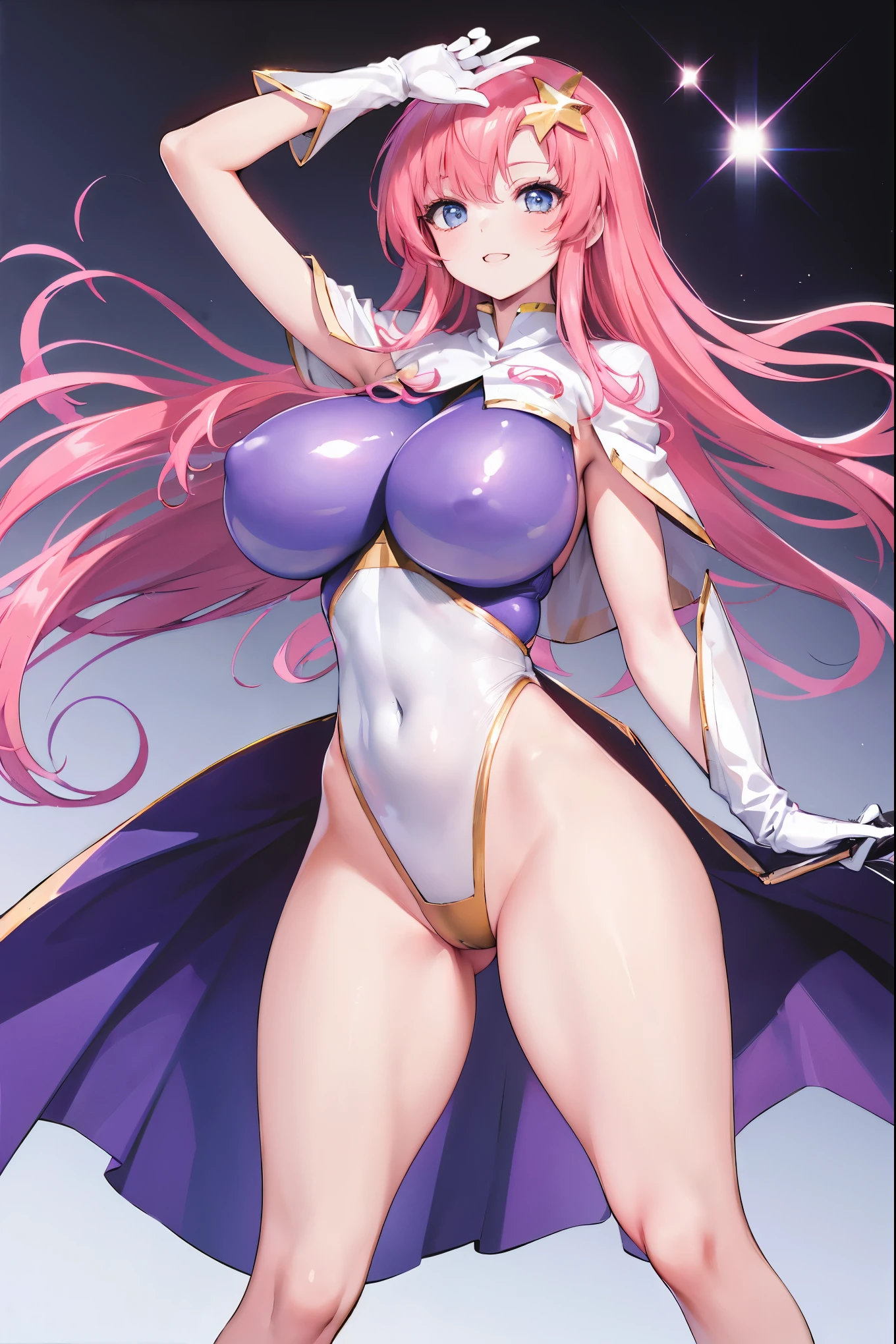 (masterpiece)、(Highest image quality)、(Super detailed)、(extremely detailed)、4K、(8K)、Highest image quality、(beautiful)、
more campbell, 1 _girl, star hair ornaments, hair ornaments, pink hair, long hair, gloves, Leotard Purple leotard, white leotard, leotard that bites、(gigantic_tits:1.2)、thick thighs、,light smile、dynamic pose、gravure、dynamic angle、noise removal、emphasis on crotch、chest enhancement,open_legs