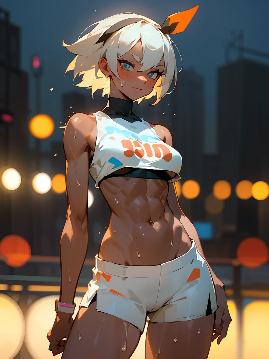 muscular toned body, perfect body, thin waist, large hips, sexy, beautiful, teasing, thick thighs, thick calves, thick legs, extra long legs. white sneakers, teasing, , bea, white hair, tanned skin, tan skin, (tan lines:1), sweaty, sweating, sweat, masterpiece, high quality, cute, girly, feminine powerful, confident (sports shorts:1), happy, joyful, excited, standing in a neon city with neon signs and buildings in the background, ((adorable girl)), Artgerm, cyberpunk art ,colorful, ((realistic)), blush, soft lighting, night,8k,(masterpiece, best quality:1.5), intricate detailed, depth of field, looking at viewer, ((cowboy shot)),(((bokeh))),, underboobs