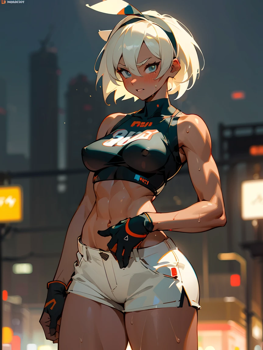 muscular toned body, perfect body, thin waist, large hips, sexy, beautiful, teasing, thick thighs, thick calves, thick legs, extra long legs. white sneakers, teasing, , bea, white hair, tanned skin, tan skin, (tan lines:1), sweaty, sweating, sweat, masterpiece, high quality, cute, girly, feminine powerful, confident (sports shorts:1), happy, joyful, excited, standing in a neon city with neon signs and buildings in the background, ((adorable girl)), Artgerm, cyberpunk art ,colorful, ((realistic)), blush, soft lighting, night,8k,(masterpiece, best quality:1.5), intricate detailed, depth of field, looking at viewer, ((cowboy shot)),(((bokeh))),, underboobs