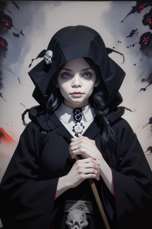 Высокое quality, 8K,masterpiece,illustration (Watercolor+Watercolor) Japanese-style, we use three colors(monochrome). One,1 woman\(grim Reaper,Cute,kawaii,Age 10 ,Hair color: white,to braid hair,dirty hair,dark eye color,big eyes,White skin,big smile,enjoy,whole body,wearing the black robe of the Grim Reaper,(BLACK HOOD),HOLDING THE BRAID,MISS,Flower hair decoration,White hair,(Case transparent:0.8),dynamic pose\),Background\((Black Sky:1.5),(skull:1.3),(withered flowers all over the land),(Red water)\), BREAK ,quality\(8K,wallpaper with extremely detailed computer graphics, masterpiece,a high resolution,top-quality,top-quality real texture skin,Hyperrealistic,increase resolution,RAW-фотографии,лучшее quality,very detailed,wallpaper\)