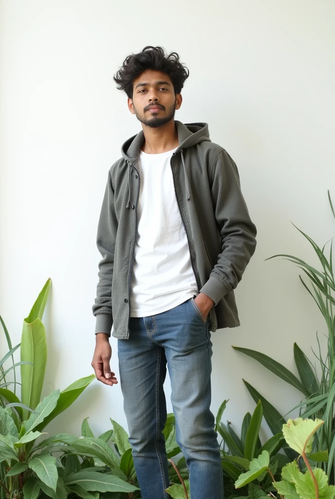 A cute 19 years old indian boy , taking selfie, white background with green plants , simple pose , rough dry face skin , full body view , modern dress , little beard and moustache