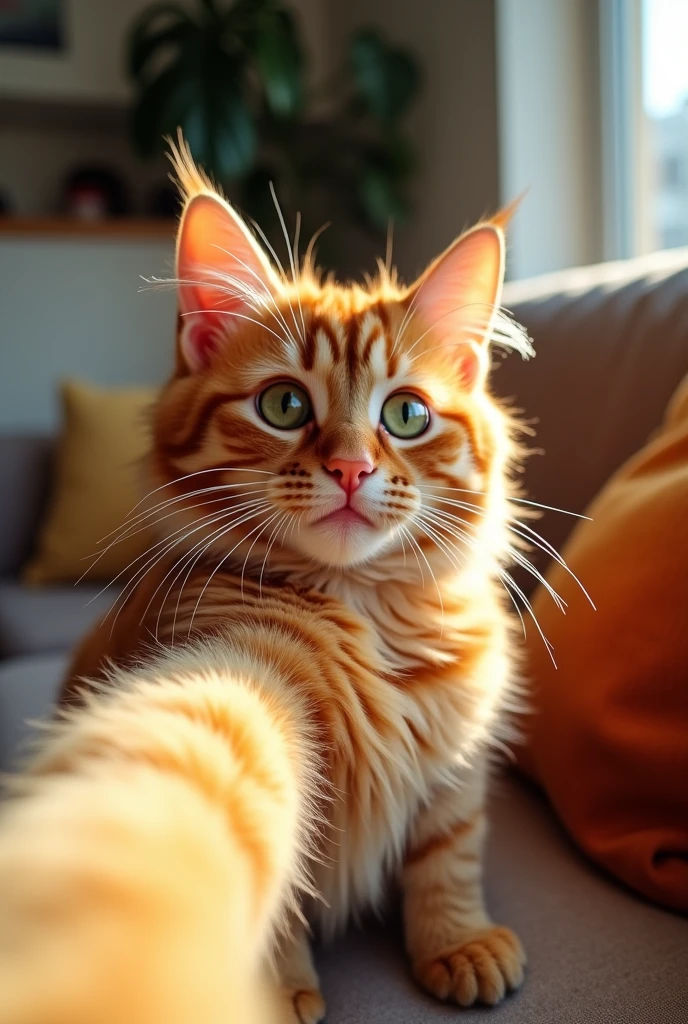 Orange Cat selfie and close up in sofa 