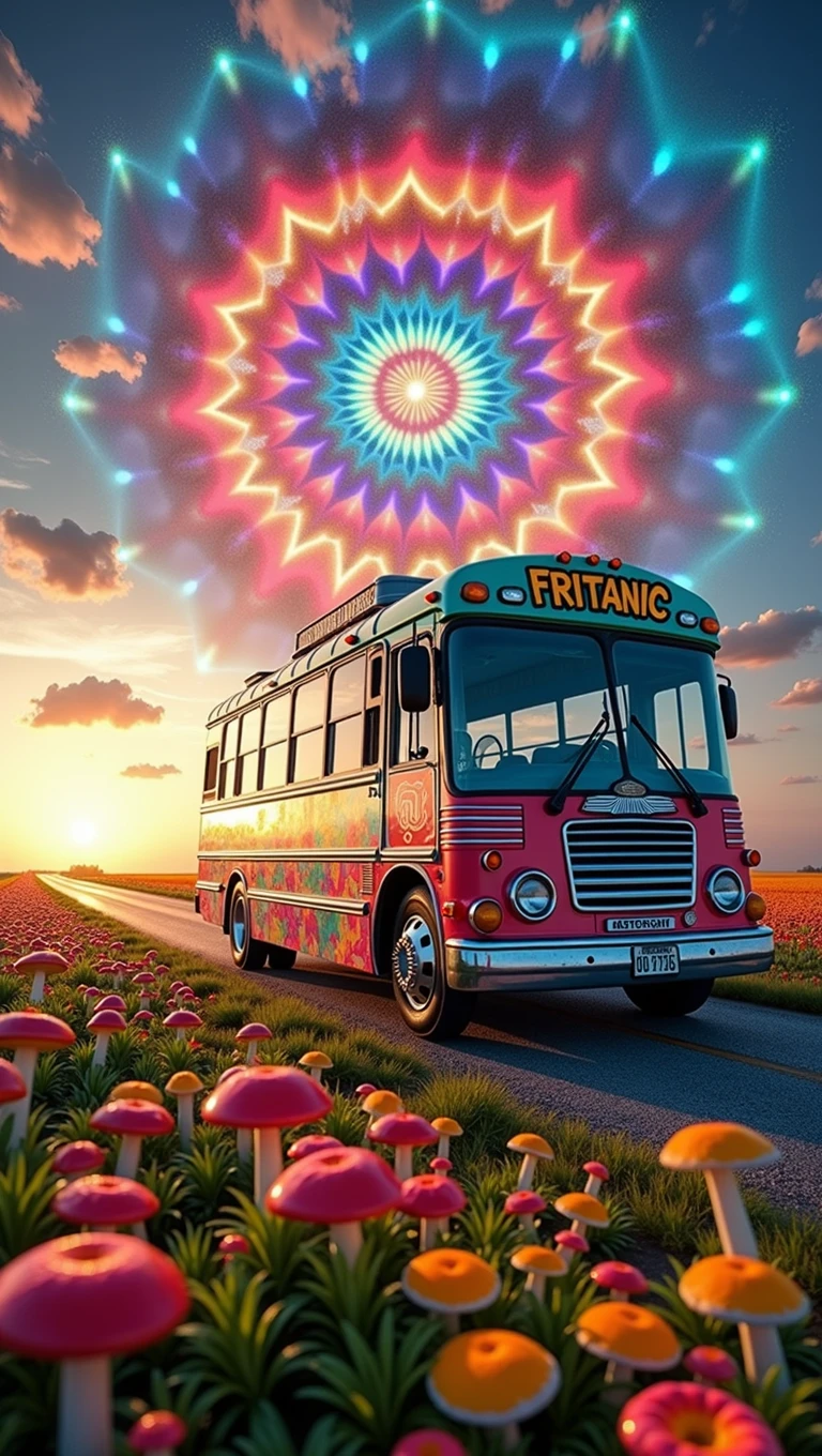 An ultra-realistic and highly detailed image of a large tour bus with the name "FRITANIC" written on the side in playful letters. The bus features a psychedelic and cheerful paint job. The environment exudes positive energy. The bus is traveling on a country road early in the morning, passing through fields filled with flowers and hallucinogenic mushrooms. The sky displays a massive Hindu mandala in an alucinogenic sky. The colors are vibrant. The scene is captured with a Fujifilm X-T4 paired with a 16-55mm f/2.8 R LM WR lens, ensuring stunning clarity and rich details. The lighting is bright and colorful, highlighting the vibrant colors of the bus and the surrounding landscape. The aspect ratio is 9:16, emphasizing the vertical composition