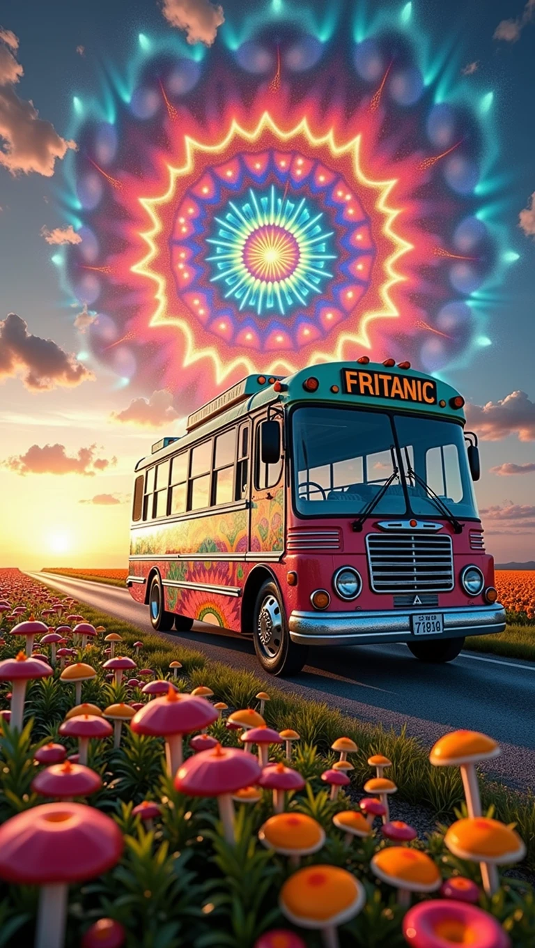 An ultra-realistic and highly detailed image of a large tour bus with the name "FRITANIC" written on the side in playful letters. The bus features a psychedelic and cheerful paint job. The environment exudes positive energy. The bus is traveling on a country road early in the morning, passing through fields filled with flowers and hallucinogenic mushrooms. The sky displays a massive Hindu mandala in an alucinogenic sky. The colors are vibrant. The scene is captured with a Fujifilm X-T4 paired with a 16-55mm f/2.8 R LM WR lens, ensuring stunning clarity and rich details. The lighting is bright and colorful, highlighting the vibrant colors of the bus and the surrounding landscape. The aspect ratio is 9:16, emphasizing the vertical composition