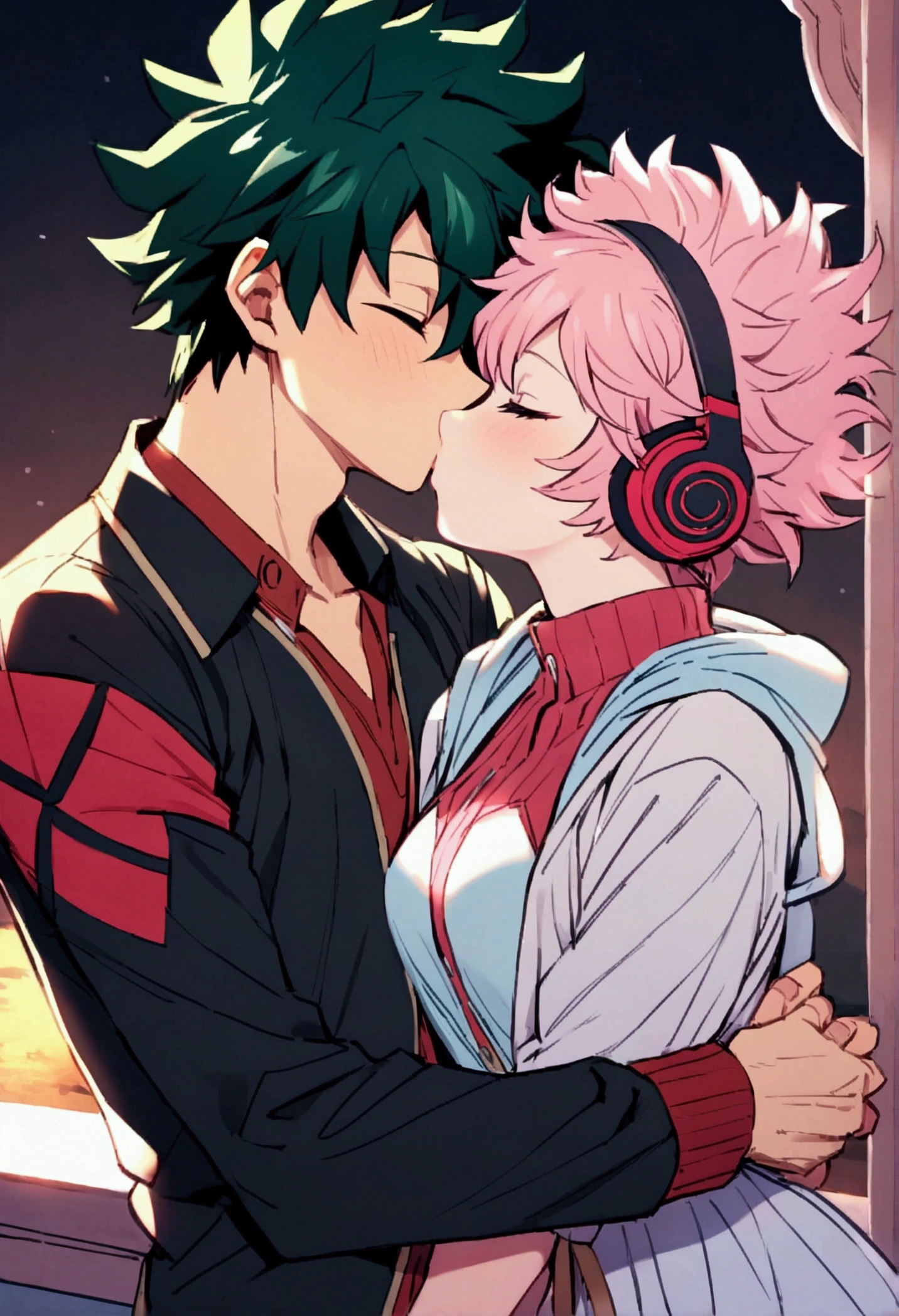 midoriya izuku (My hero) com corte high-fade, red headphones, kissing Mina Ashido (My hero)