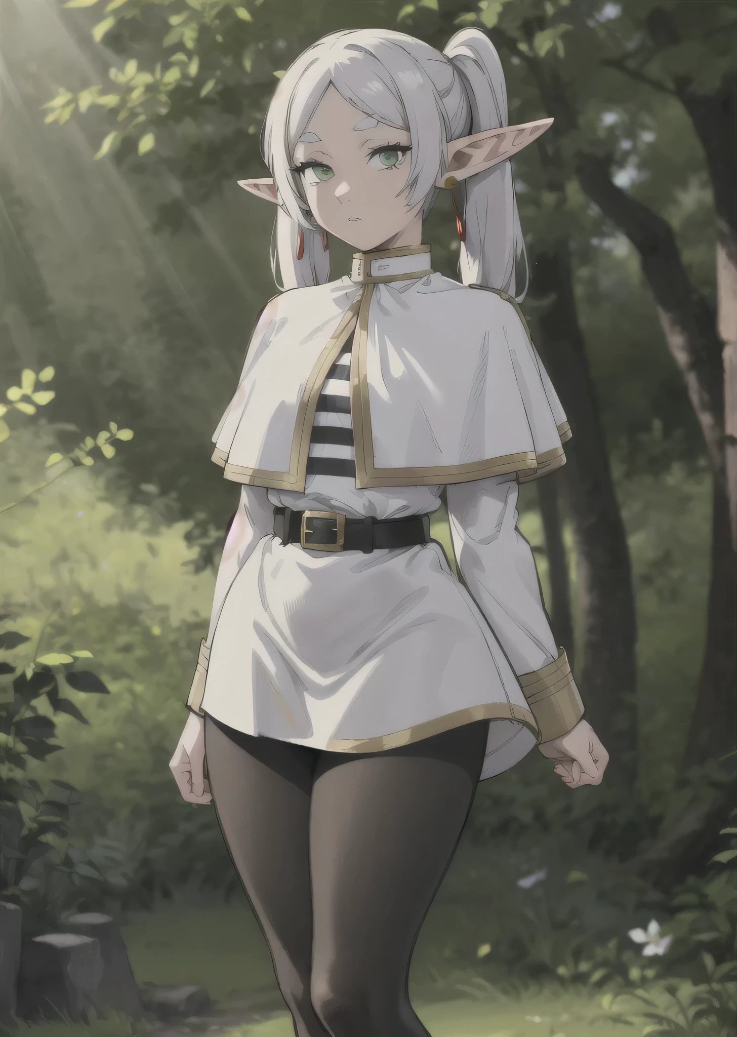 [FrierenBase], [Frieren], ((masterpiece)), ((HD)), ((High Res)), ((solo)), ((front view)), ((waist up)) ((detailed shading)), ((intricate details)), {(slim  figure), (smooth skin), (long white hair), (twintails), (elf ears), (curvy hips), (defined legs), (blank expression)}, {(earrings), (white capelet), (striped shirt), (horizontal stripes), (long sleeves), (brown belt), (white skirt), (gold-trim on skirt), (black pantyhose)}, {(arms behind back), (looking at viewer)}, [ambient lighting, outdoors, forest, sun rays]