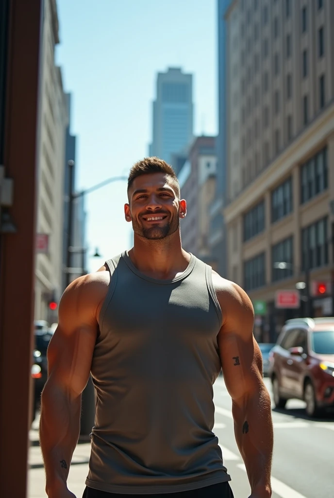 Muscular man from the gym taking a picture in the mirror wearing a basketball tank top and out for a stroll in the city.