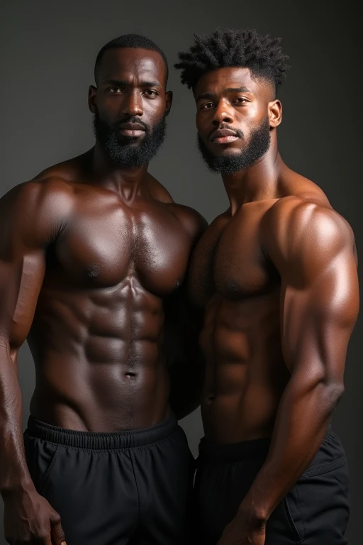 Masterpiece、Highest quality、Super fine、Fine、High resolution、Detailed face、Detailed muscles、Abdominal muscles、Pectoral muscle、Realistic、A man with thick chest and abdominal hair、Photo of two men、Both are Black.