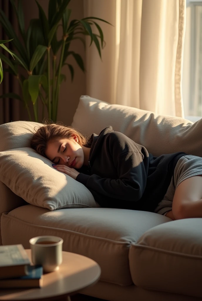 A woman sleeping in grey lounge dolphin shorts and a black hoodie