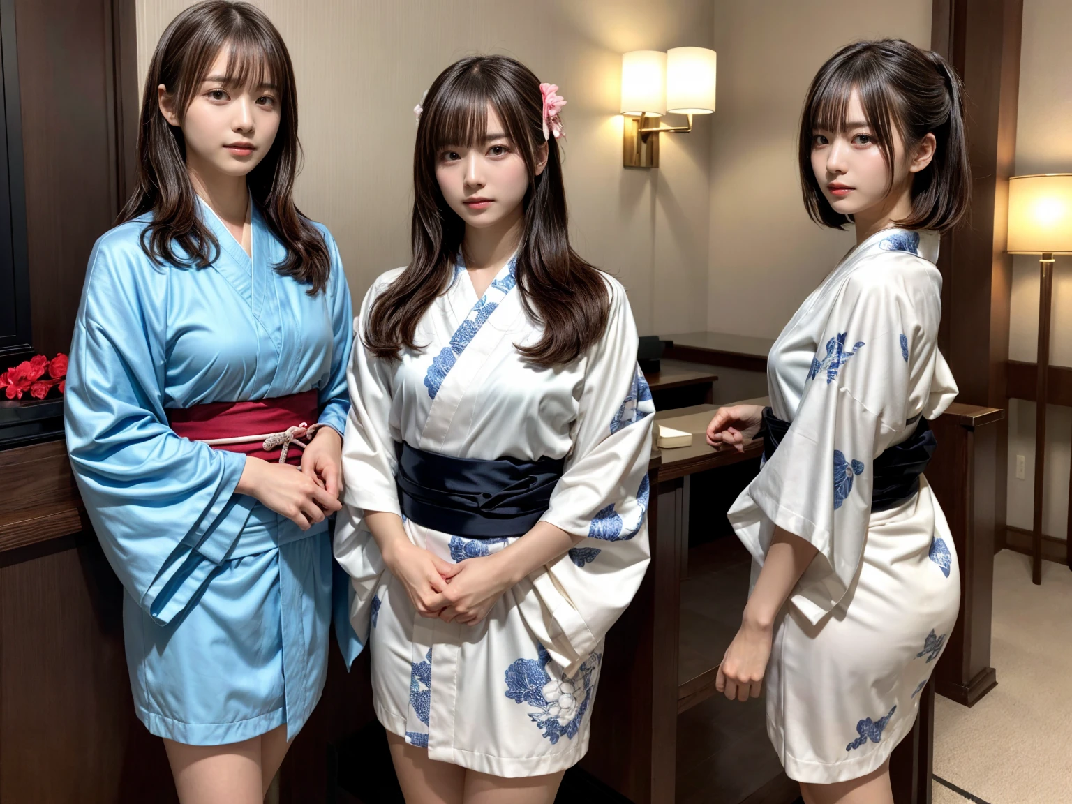 masterpiece, best quality, illustration, Super detailed, fine details, High resolution, 8K,wall paper, perfect dynamic composition,(Details High quality, realistic depiction of eyes:1.3), (2 girls), (idol, kimono:1.3), short bob hair, huge breasts, black hair color, Big Natural Color Lip, bold sexy pose, crying a little、Harajuku style、30 year old girl、cute type、ta、beautiful legs, hotel room, hposing Gravure Idol