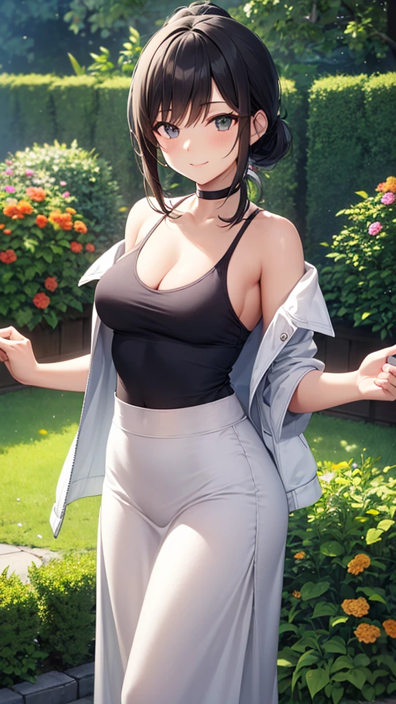 masterpiece, best quality, high detail, beautiful woman, long hair, straight hair, dark blue hair, low ponytail, white unbuttoned jacket, tank top, gray maxi skirt, long gray skirt, upper body, wide hips, sneakers, looking at viewer, light smile, garden, backyard,
