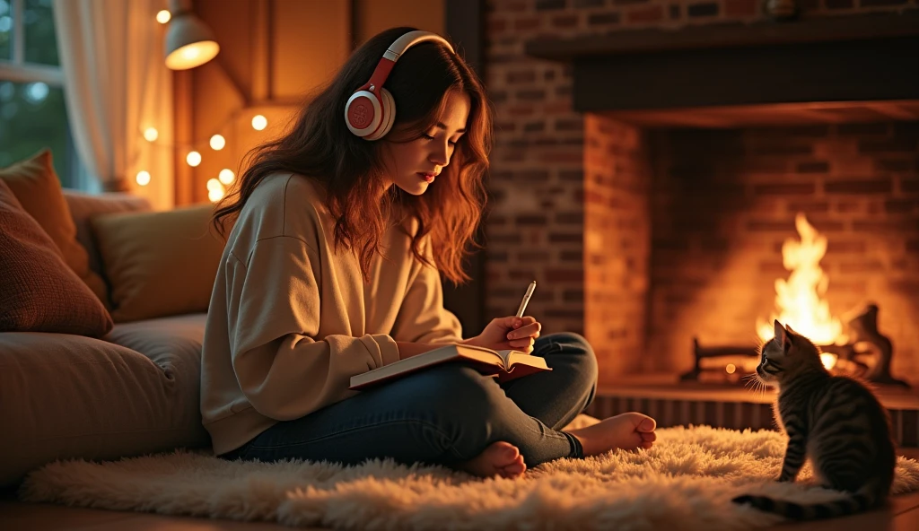 A beautiful young woman with princess-like eyes, wearing headphones and casual clothing, is writing in a notebook. The scene is set in a cozy room with a warm, crackling fireplace. A curious kitten is sitting nearby, watching intently as she writes. The image should be of high quality, a work of art, and highly detailed, with a 16:9 aspect ratio.