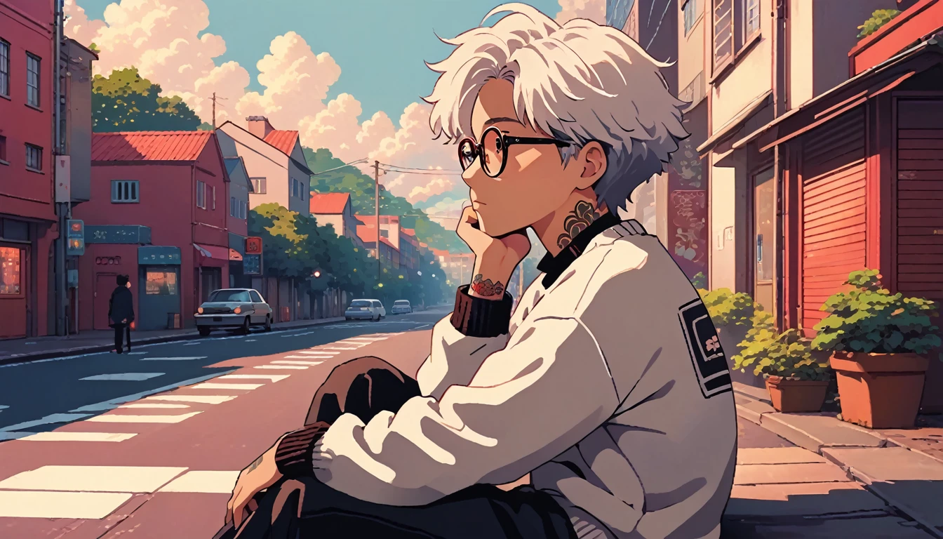 alone, lofi artstyle, lofi art, city, town, 80s anime style, Retro, Lo-Fi, masterpiece, best quality, (extremely detailed CG unity 8k wallpaper), (best quality), (best illustration), (best shadow), absurdres, realistic lighting, (Abyss), beautiful detailed glow, lofi boy, solo, Spikey Hair, red hair, simple background, long sleeves, 1boy, sitting, upper body, white hair, male focus, glasses, grey background, sweater, tattoo, head rest, arm tattoo, neck tattoo
