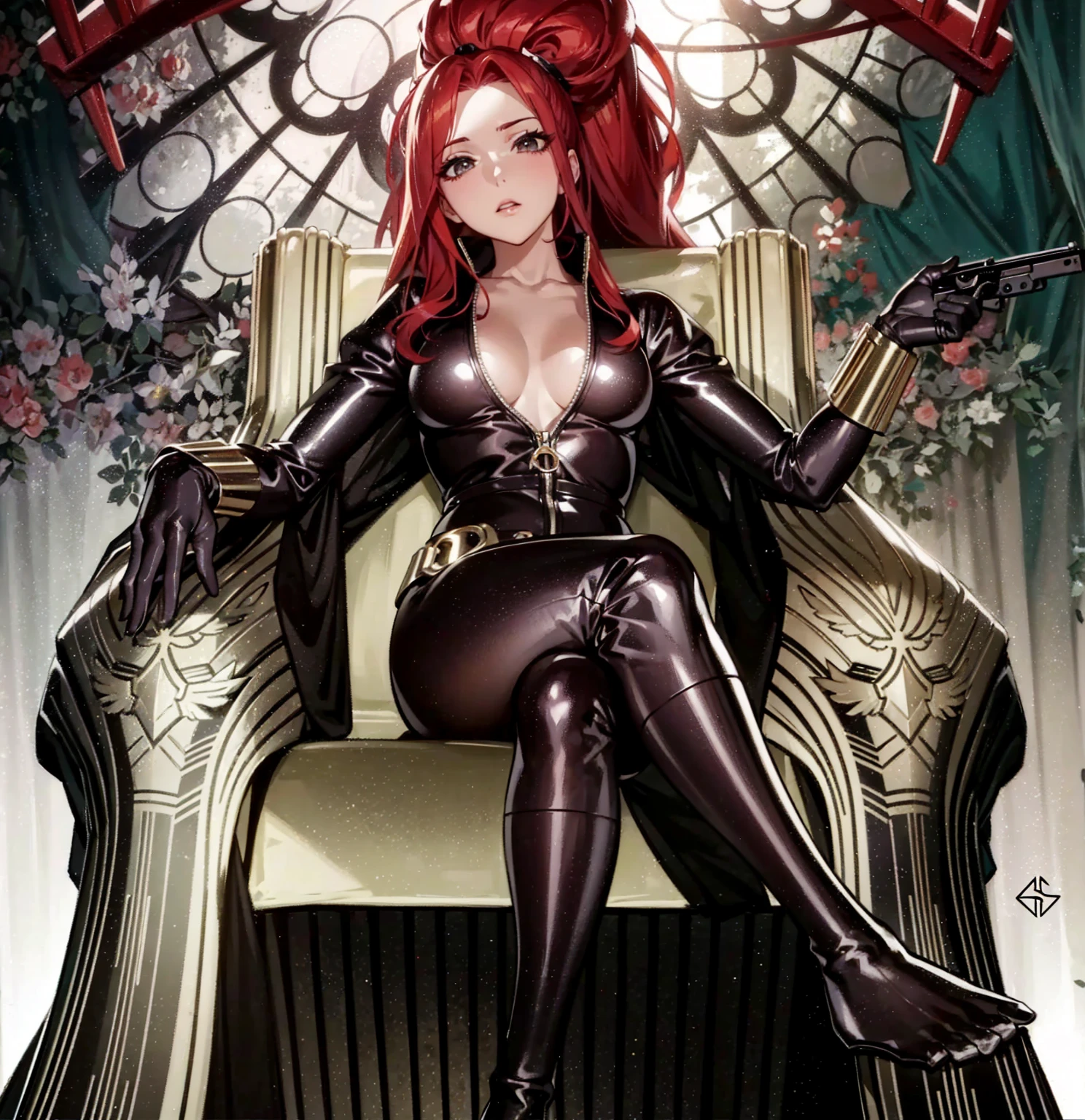 The image depicts a red-haired girl sitting on a throne. She sports a sleek skin-tight shiny black latex bodysuit with a deep-cut zipper neckline revealing a large chest, the silver zipper running down the front. The suit is complemented by her golden wrist guard on both wrists and a belt of shiny golden circles around her waist. The girl is portrayed as holding a gun in each of her hands, highlighting a sense of power and assertiveness. The backdrop consists of architectural features and the colour palette predominantly includes shades of gray.