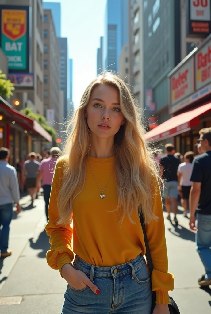 blonde girl, 23 years old, green eyes, big eyes, on city
