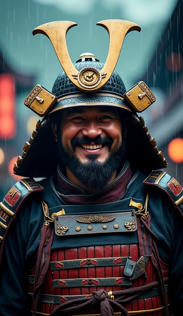 (((Selfie:1.3))), cinema shooting  , Japanese man samurai , (35 age-old, little beard,  little mustache, big smile),A samurai from the Kamakura period, wearing traditional armor and helmet, (()),  The samurai stands in a battle-ready pose, with a determined expression, night ,rain,  ((Anatomically correct,Surrealism, UHD, retina, accurate, anatomically correct, textured skin, super detail, high details, best quality, 8K))