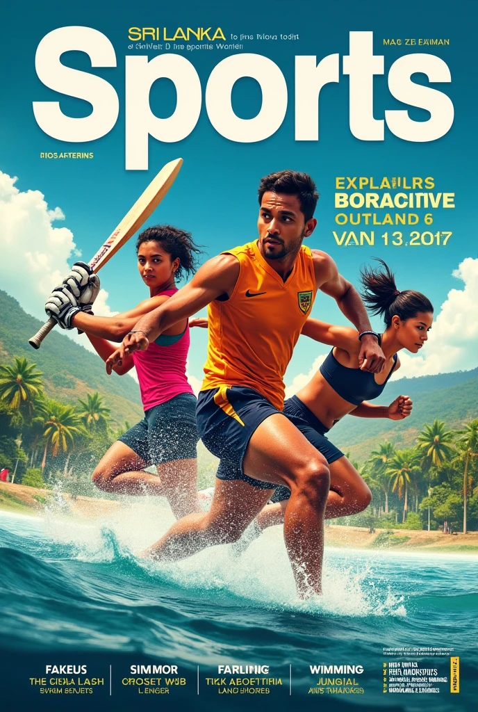 Generate a sri lankan sport magazine cover page with title