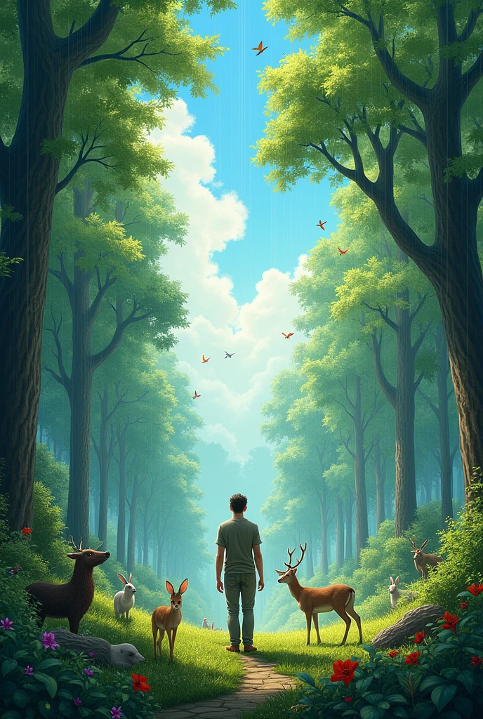 "Create a stunning and harmonious landscape showcasing the beauty of nature. Include a lush, verdant forest with tall, majestic trees and diverse plants. Add a variety of animals, such as deer and rabbits, gracefully interacting with their environment. Feature colorful birds perched on branches or flying through the sky. Incorporate a gentle rain shower with droplets visible, adding a touch of freshness. The sky should be filled with soft, fluffy clouds. Include a serene human figure, perhaps enjoying the natural scenery or engaged in a peaceful activity, blending naturally into the setting. The overall scene should evoke a sense of tranquility and the splendor of nature."