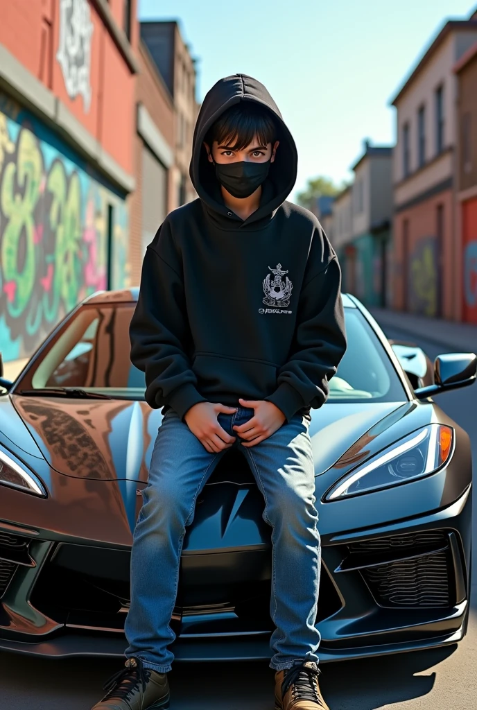 (photorealism:1.2), chevrolet corvette c8 zr1 with its owner, a teenager boy, with a black hoodie, hands in the pocket, menancing stare straight to the camera, long jeans, with white shoes, and ken kaneki's mask, sitting on the front hood
