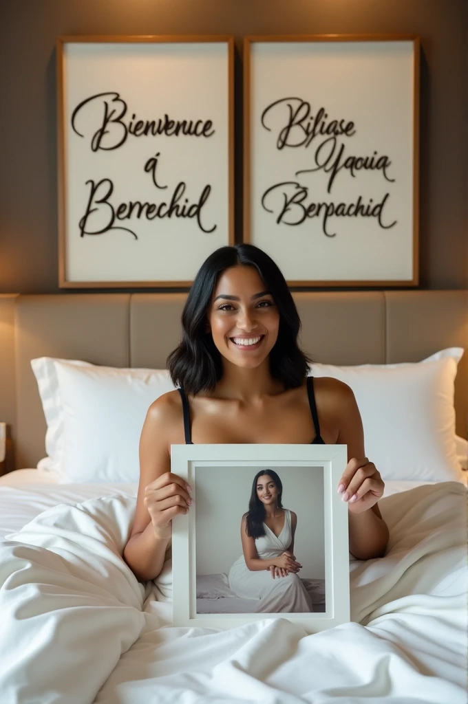 Une femme brune. Les cheveux raides, écartés ou un peu écartés du cou, pas longs, de couleurs noirs. Une femme un peu volumineuse par sa forme physique. Assise dans une grande chambre d'hôtel, sur un lit de l'hôtel, souriante, la tête droite, le regard droit fixé vers l'avant, portant dans ses mains une grande photo qu'elle montre bien vers l'avant de sorte que la photo qu'elle montre soit un peu décollée de sa poitrine et derrière elle, accroché sur le mur, un tableau avec 2 écritures sur le tableau. L'une qui dit en langue arabe : Bienvenue à Berrechid et la deuxième en langue française qui dit : Bienvenue à Berrechid.