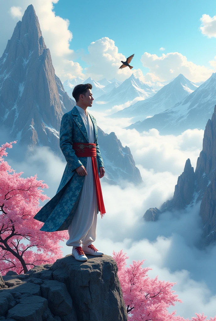A Chinese fashion man standing at the pinnacle of the world,Anime style