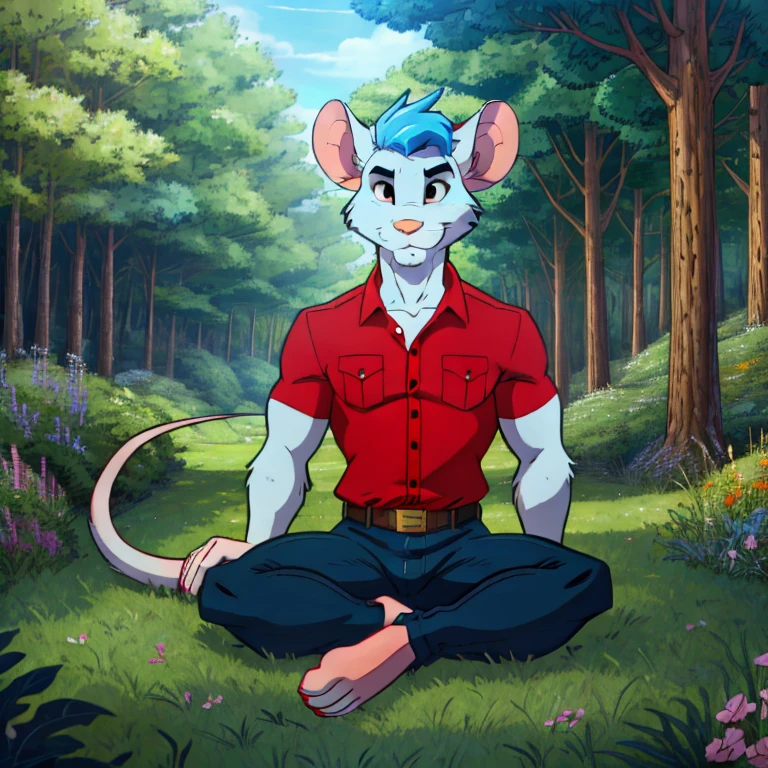 best quality, (masterpiece), (ultra detailed), (high quality), (high resolution), cartoon, tall handsome sexy red mouse, strong abs, army tag, white and blue hair, white and blue fluffy mouse tail, orange white and blue fur, mouse ears, beautiful big black mouse nose, beautiful detailed eyes, sitting, red flannel country shirt, black jeans, nature, male, happy, white fur, sexy body, 